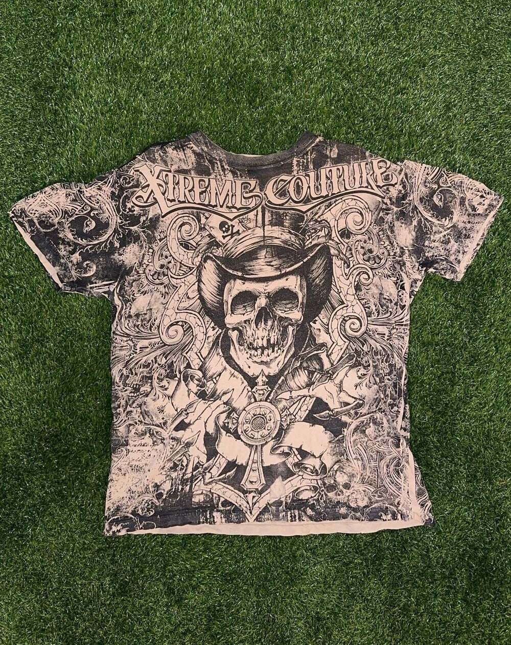 Vintage Xtreme Couture All Over Print Double Sided Skull Grunge T-Shirt Size Lar